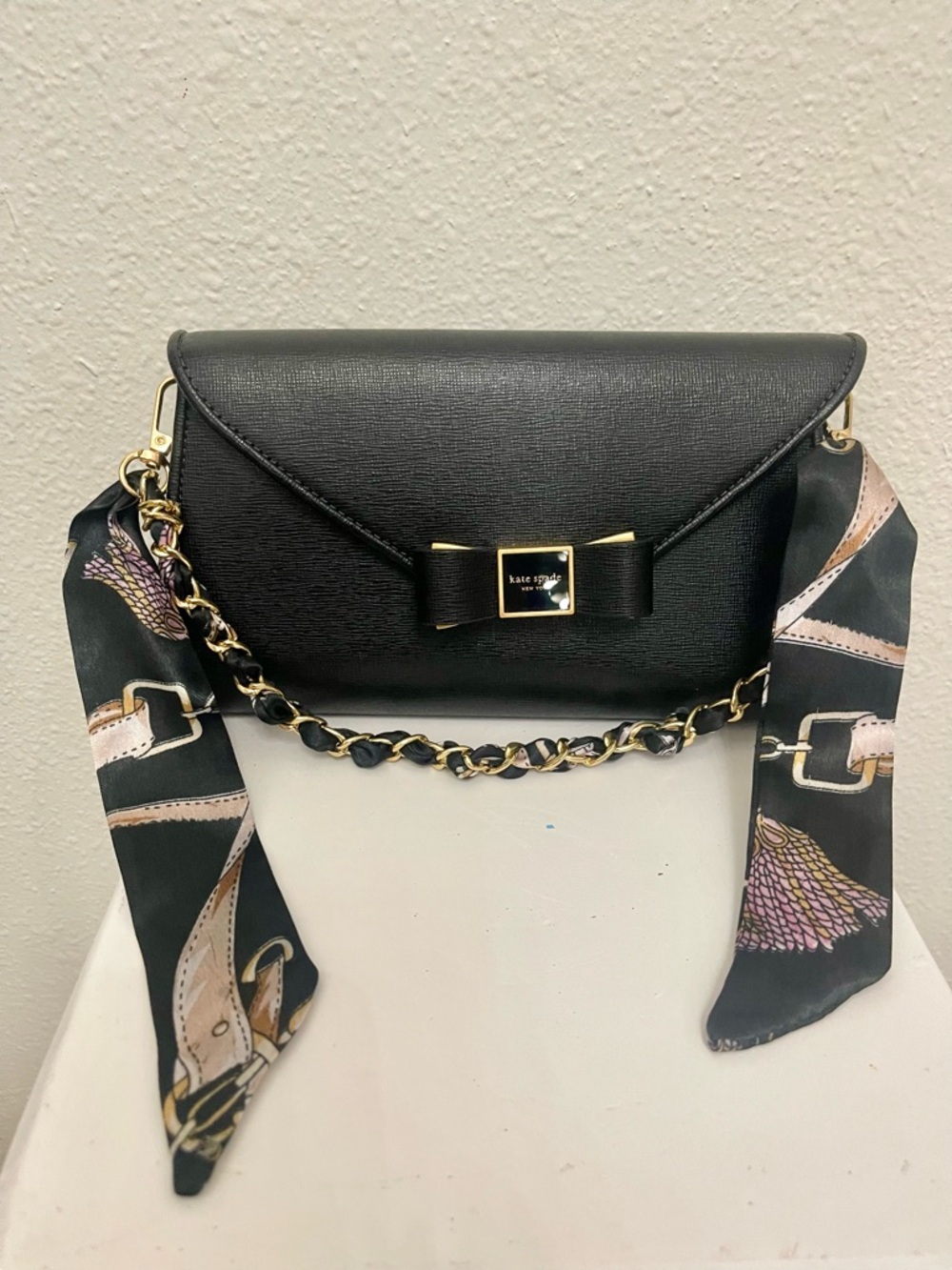 Bag Charm: Black Scarf gold Chain Charm Strap with Gold Hardware